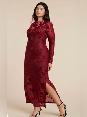 Long Sleeve NWT ELOQUII Velvet Burnout Burgundy Floral Sheer Maxi Dress